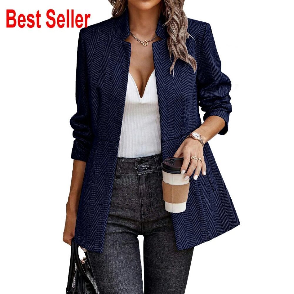 Herringbone Blazer Open Front Business Casual Elegant Work Jacket Padded